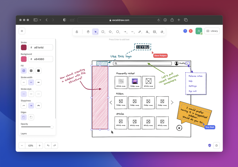 pantallazo de excalidraw, en el que se ve dibujado un prototipo de una web con varias notas