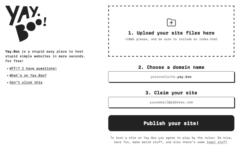 Yay.Boo is a stupid easy place to host stupid simple websites in mere seconds. For free! pantallazo donde se muestra la opción de arrastrar y soltar la carpeta para crear la web.